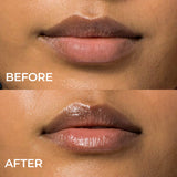 Closeup of woman's lips before and after Indie Lee Lip Remedy Mask is applied.