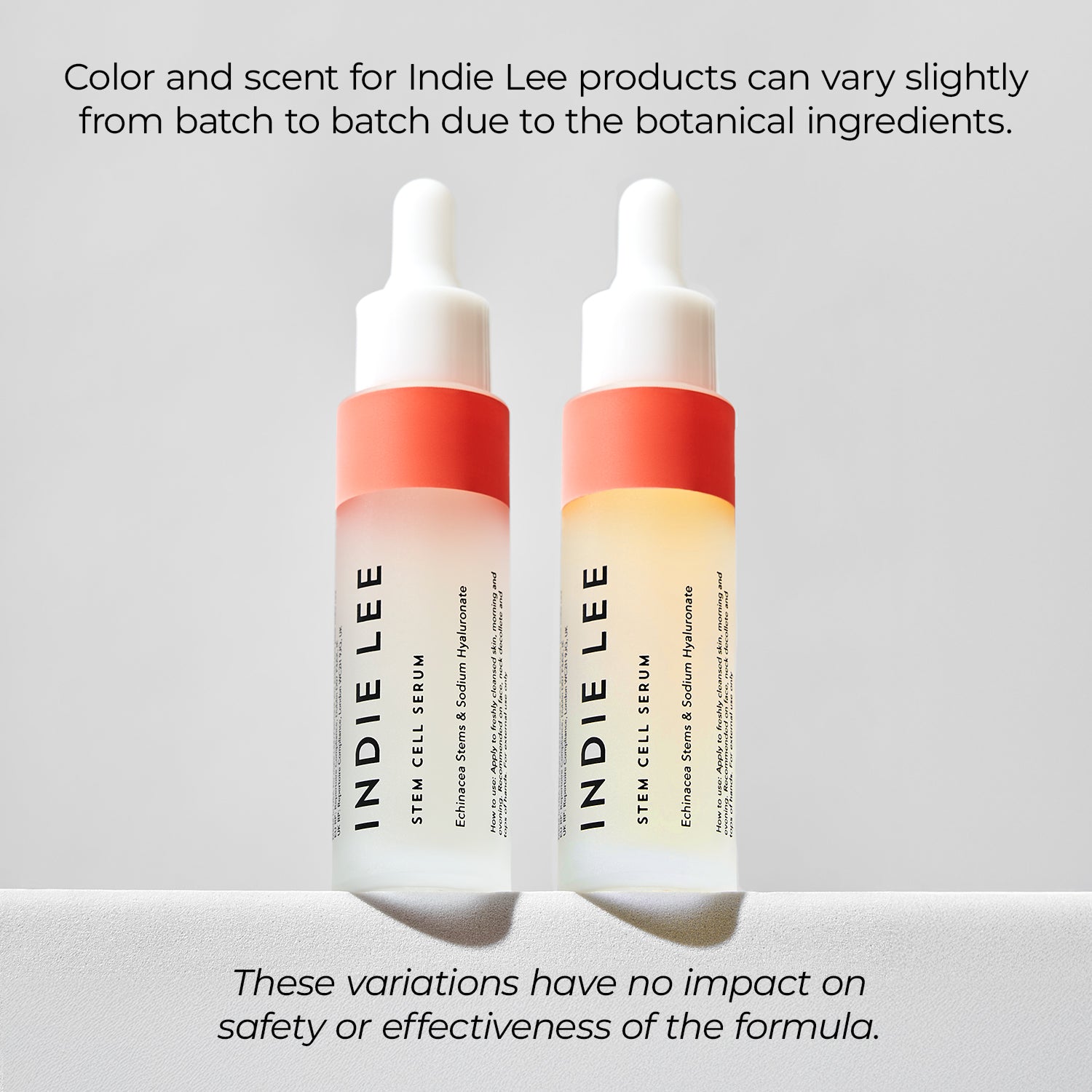 Two Indie Lee Stem Cell Serum bottles on a light gray background with text about product variations.