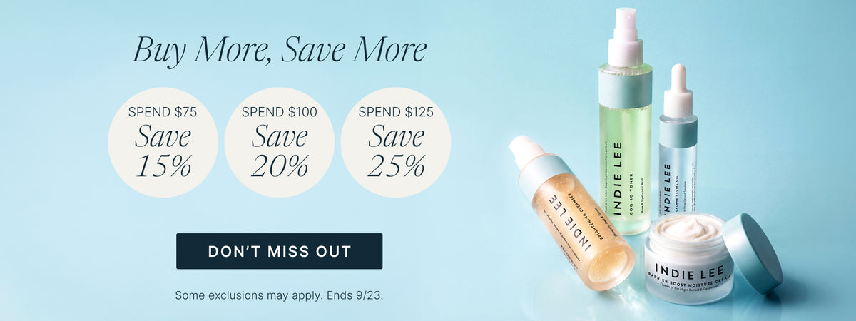 Four Indie Lee skincare products arranged on a light blue background with promotional text 'buy more, save more"