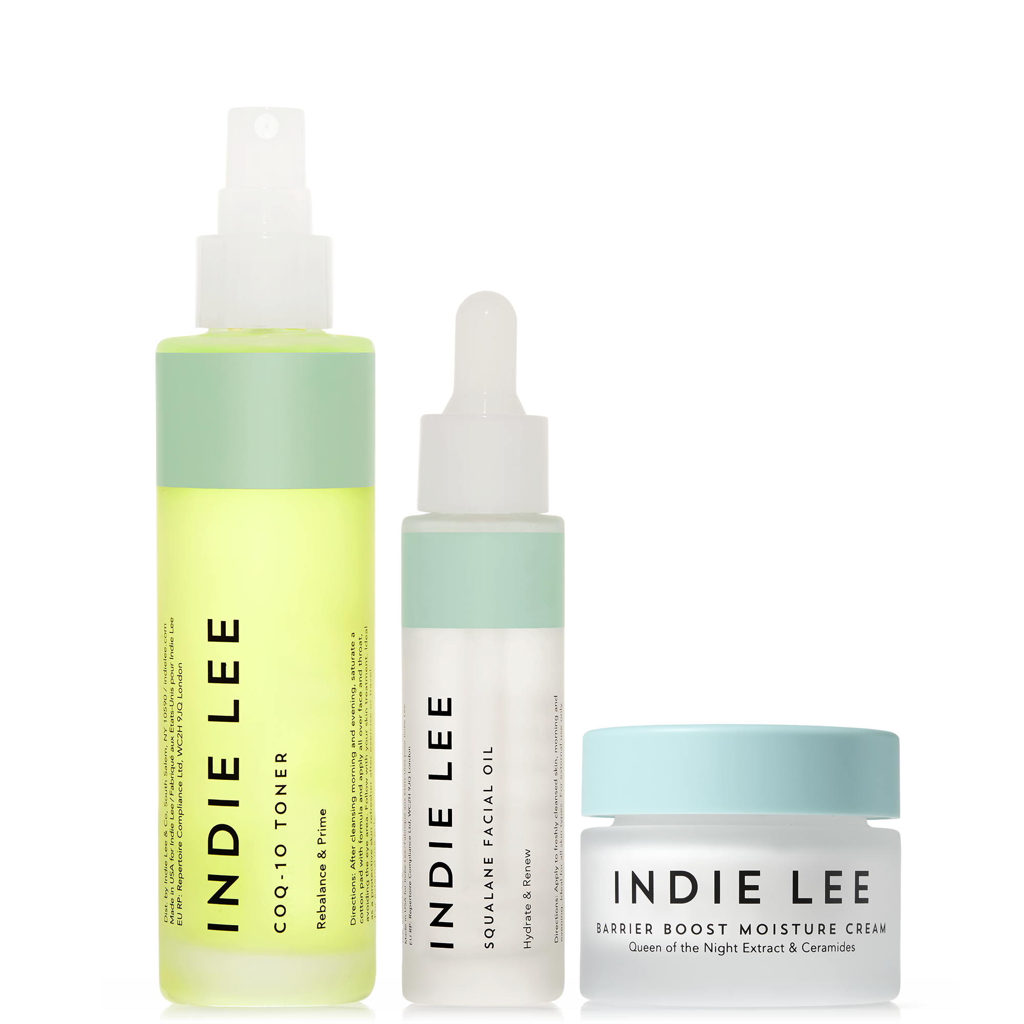 Three Indie Lee skincare products arranged on a white background.