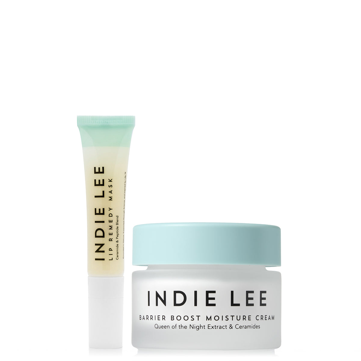 Indie Lee Stem Lip Remedy Mask and Barrier Boost Moisture Cream on a white background