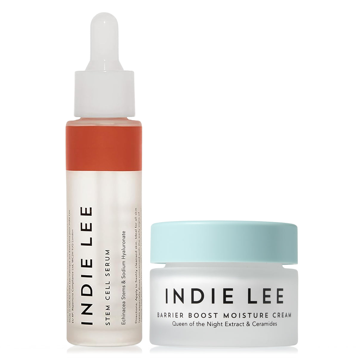 Indie Lee Stem Cell Serum and Barrier Boost Moisture Cream on a white background