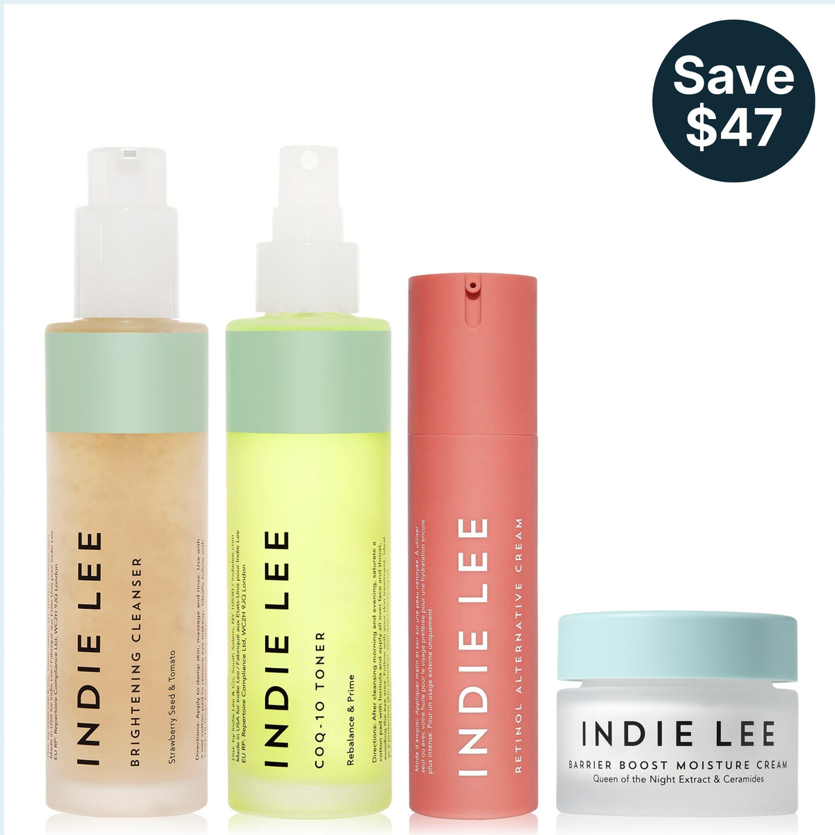 Indie Lee Age-Defying Routine showing cleanser, toner, and moisturizers