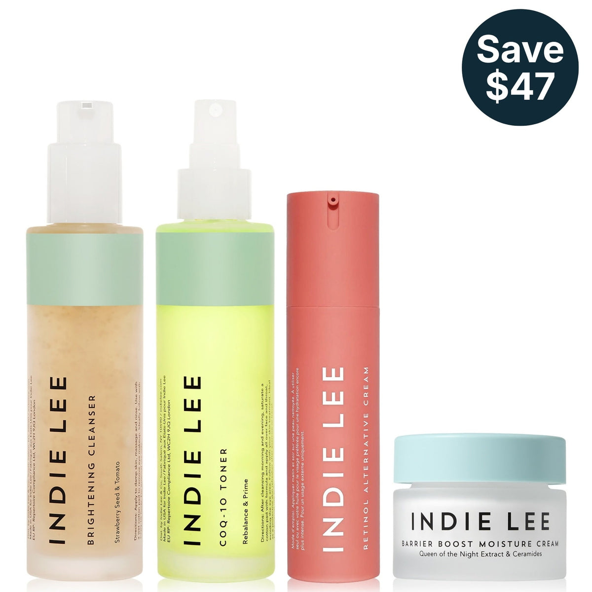 Indie Lee Age-Defying Routine showing cleanser, toner, and moisturizers