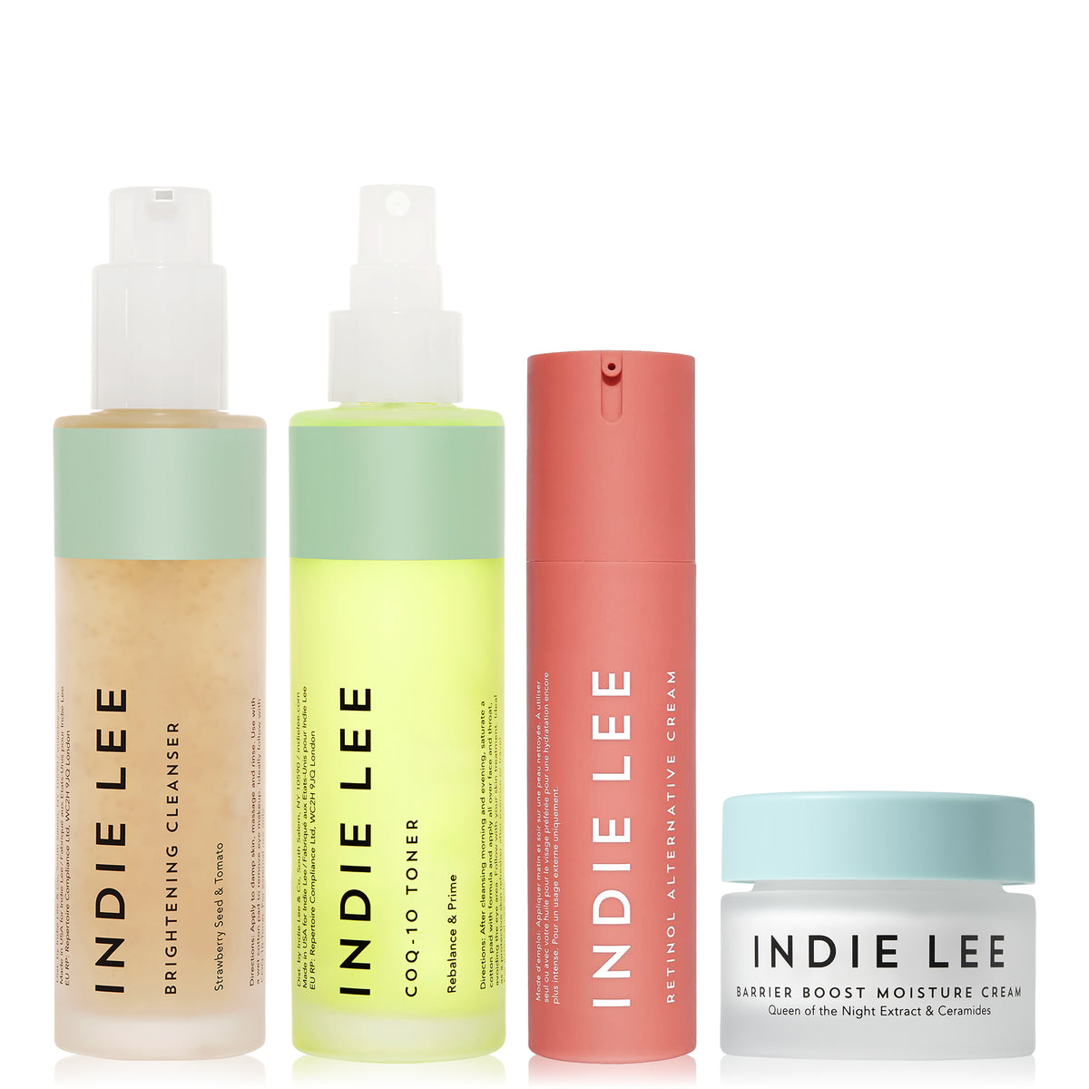 Set of 4 bottles of Indie Lee skincare products on a white background