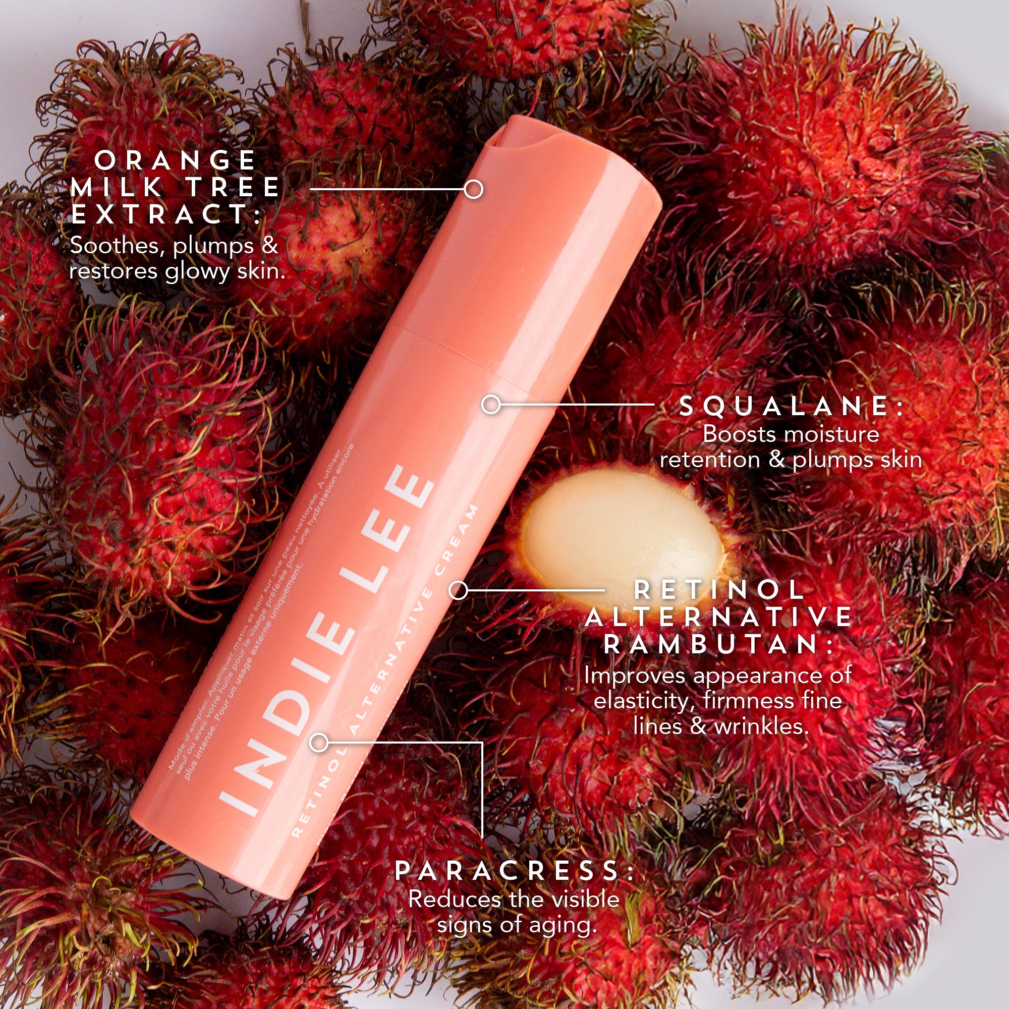 Indie Lee Retinol Alternative Cream with rambutan fruits and ingredient text overlay