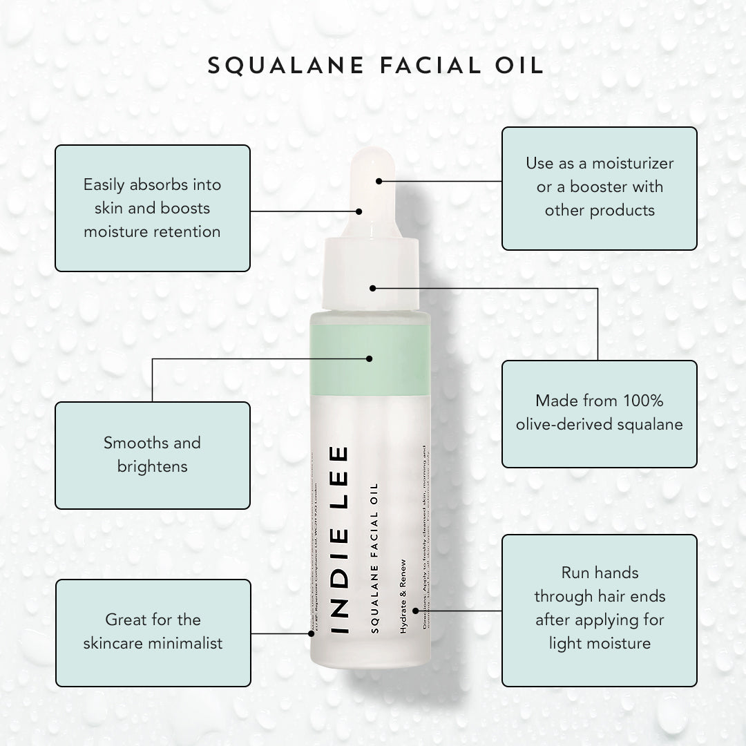 Indie Lee squalane facial oil with features highlighted on a light background