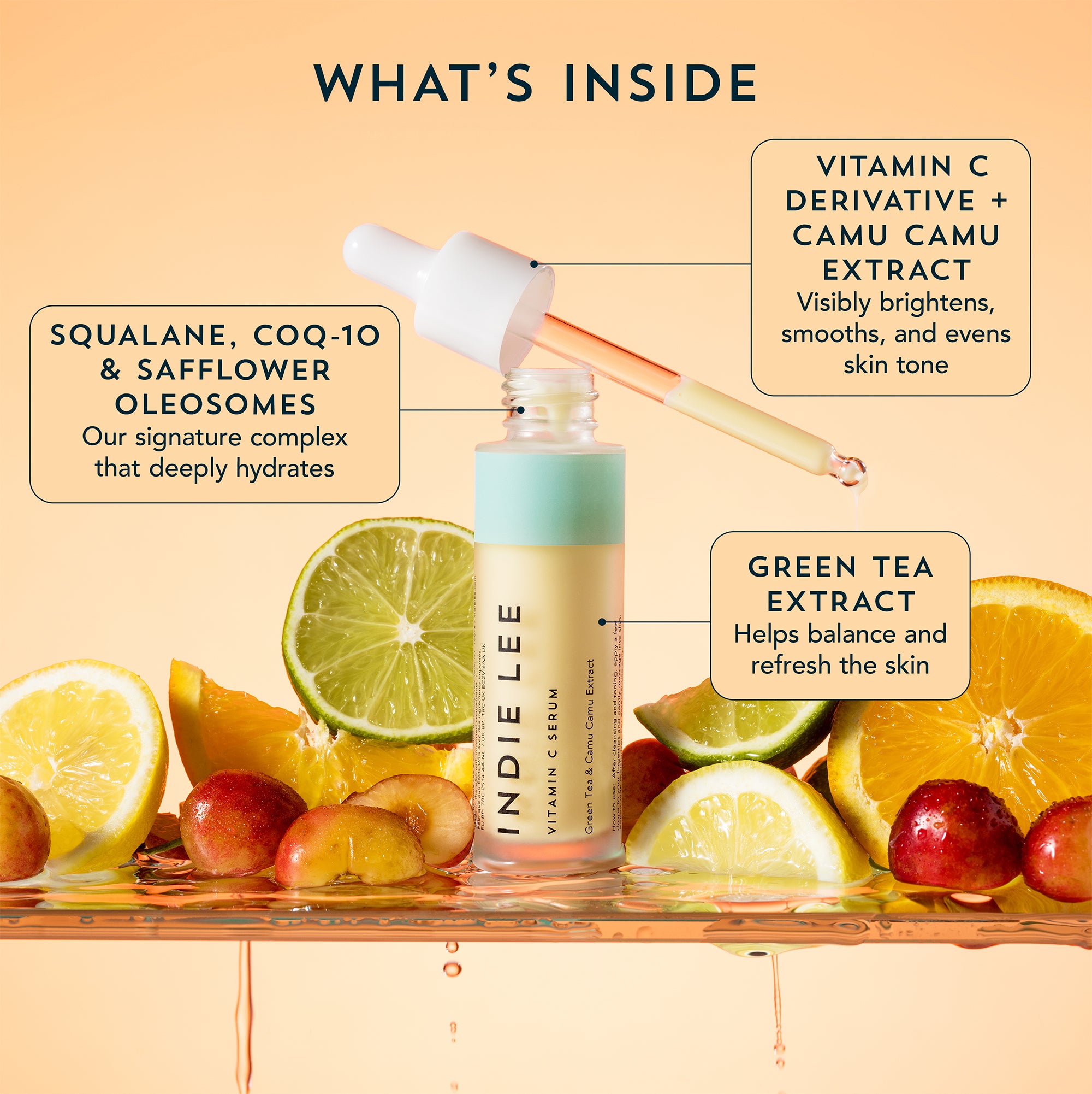 Indie Lee Vitamin C Serum with ingredients highlighted on a colorful background