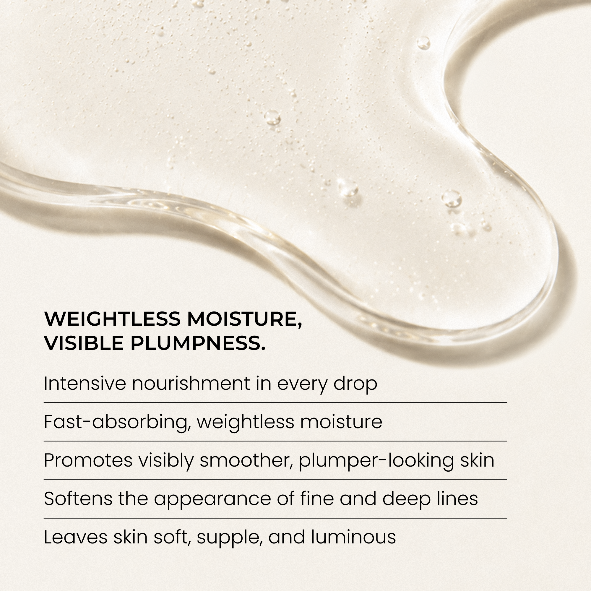 A close-up swatch of Indie Lee Squalane Facial Oil cream background, with text below reading 'WEIGHTLESS MOISTURE, VISIBLE PLUMPNESS.' and additional product benefits.