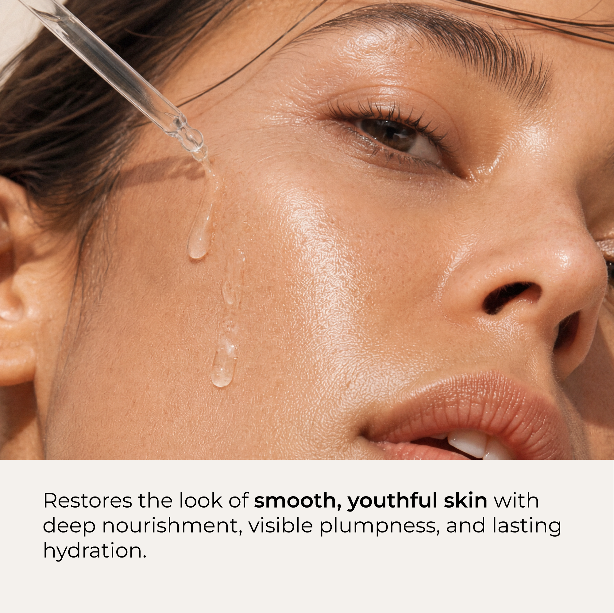 Close-up of a woman's face with an applicator dripping Indie Lee Squalane Facial Oil onto her cheek with text overlay.