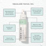 Bottle of Indie Lee Squalane Facial Oil and listed benefits