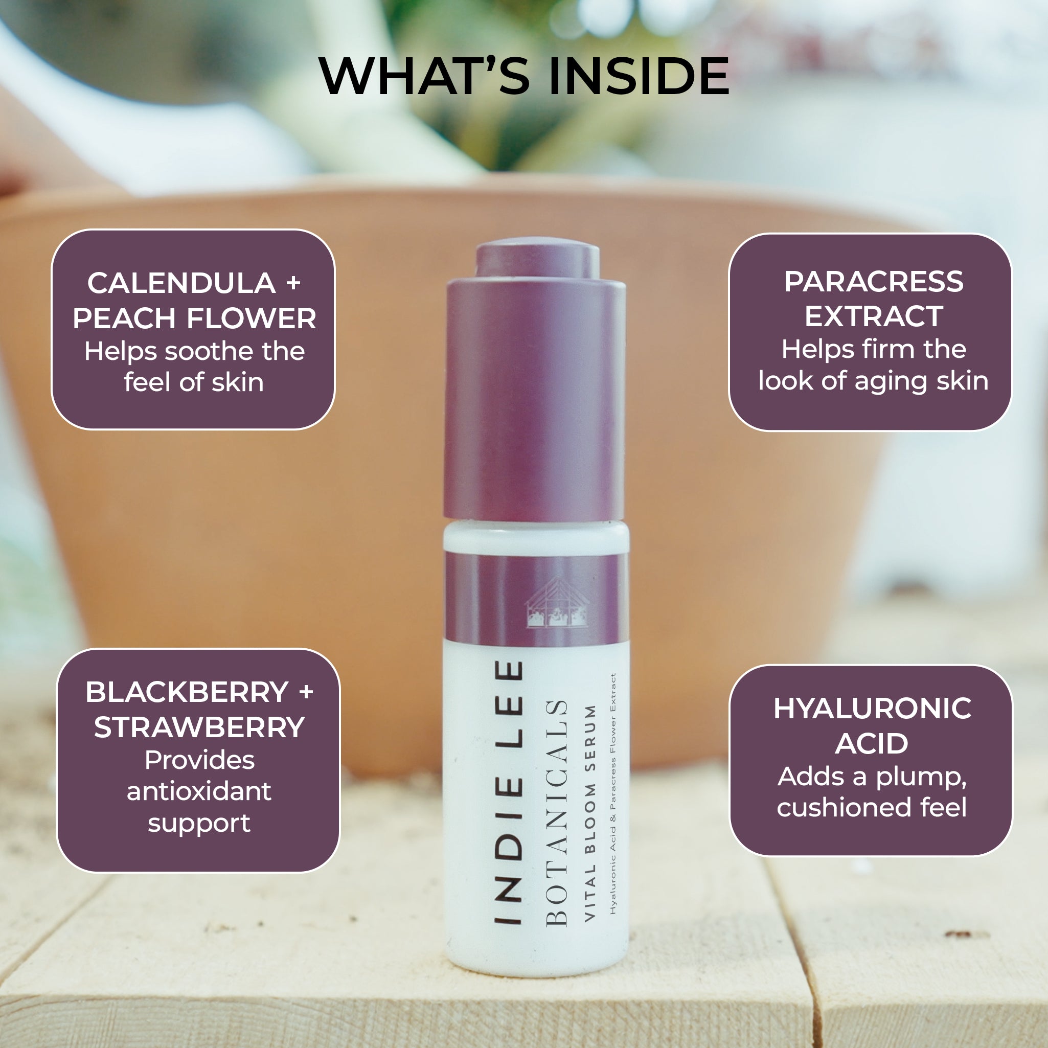 Indie Lee Botanicals serum bottle with ingredient labels on a blurred background