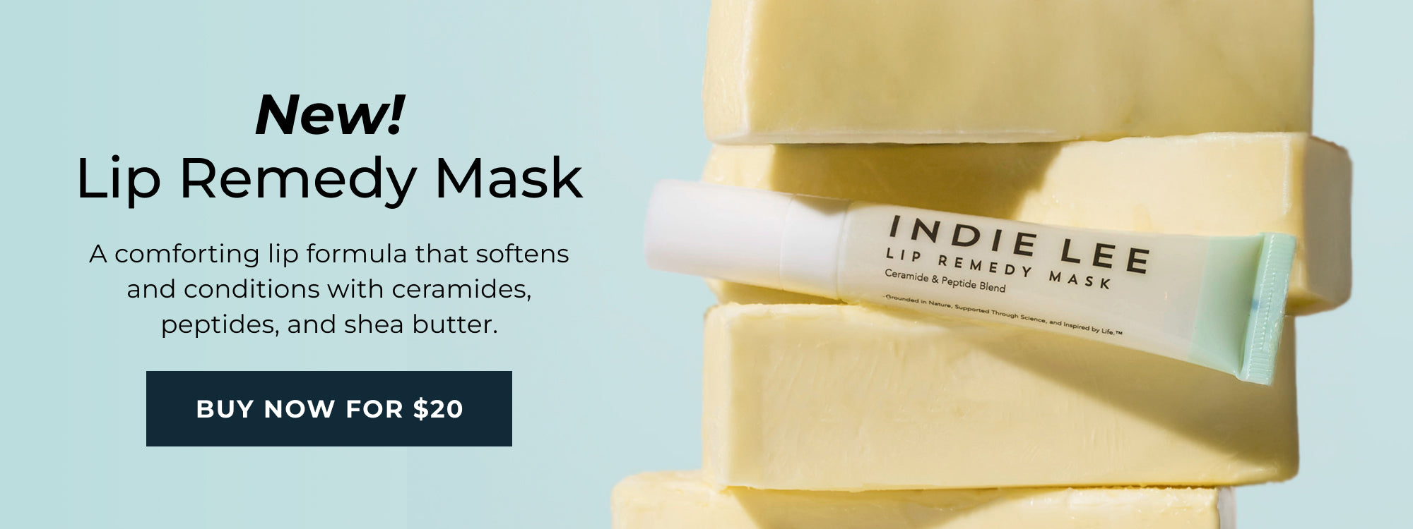 Tube of Indie Lee Lip Remedy Mask with text on a light blue background