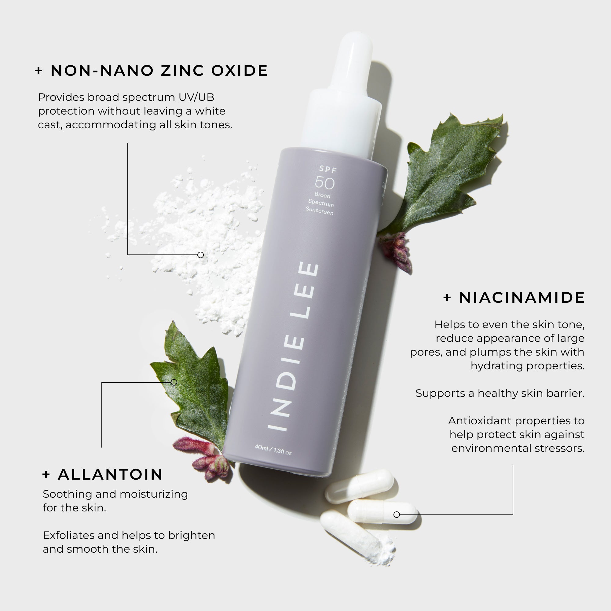 Indie Lee Daily SPF Primer on a grey background with text overlay