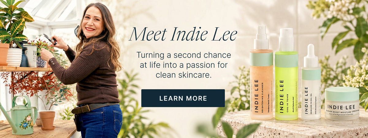 Indie Lee in a greenhouse surrounded by potted plants with text overlay 'Meet Indie Lee'