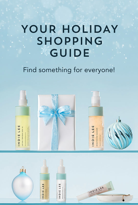 Indie Lee products on a shelf with 'Your Holiday Shopping Guide' text on a light blue background