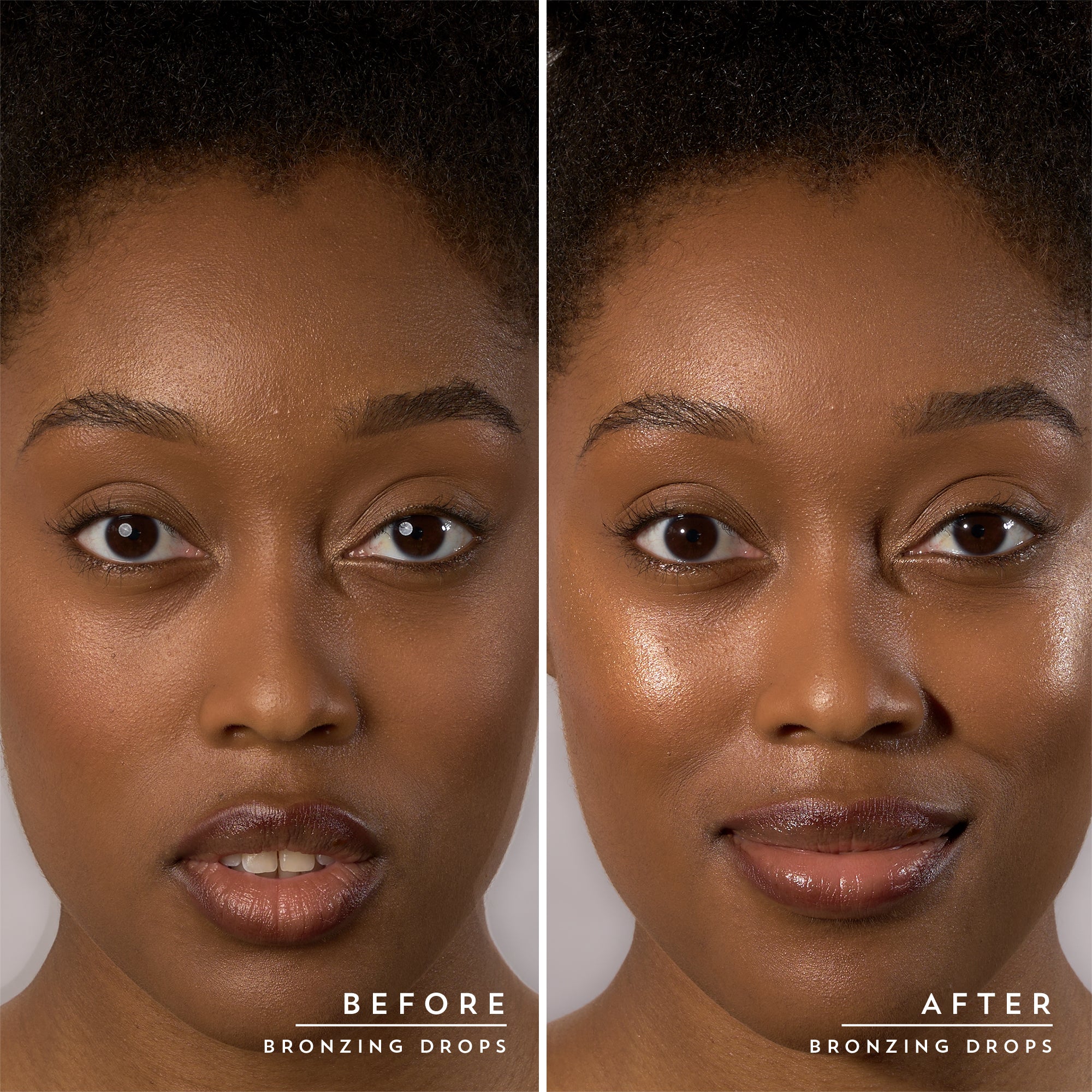 Before and after comparison of a woman's face with Indie Lee's Bronzing Drops applied.