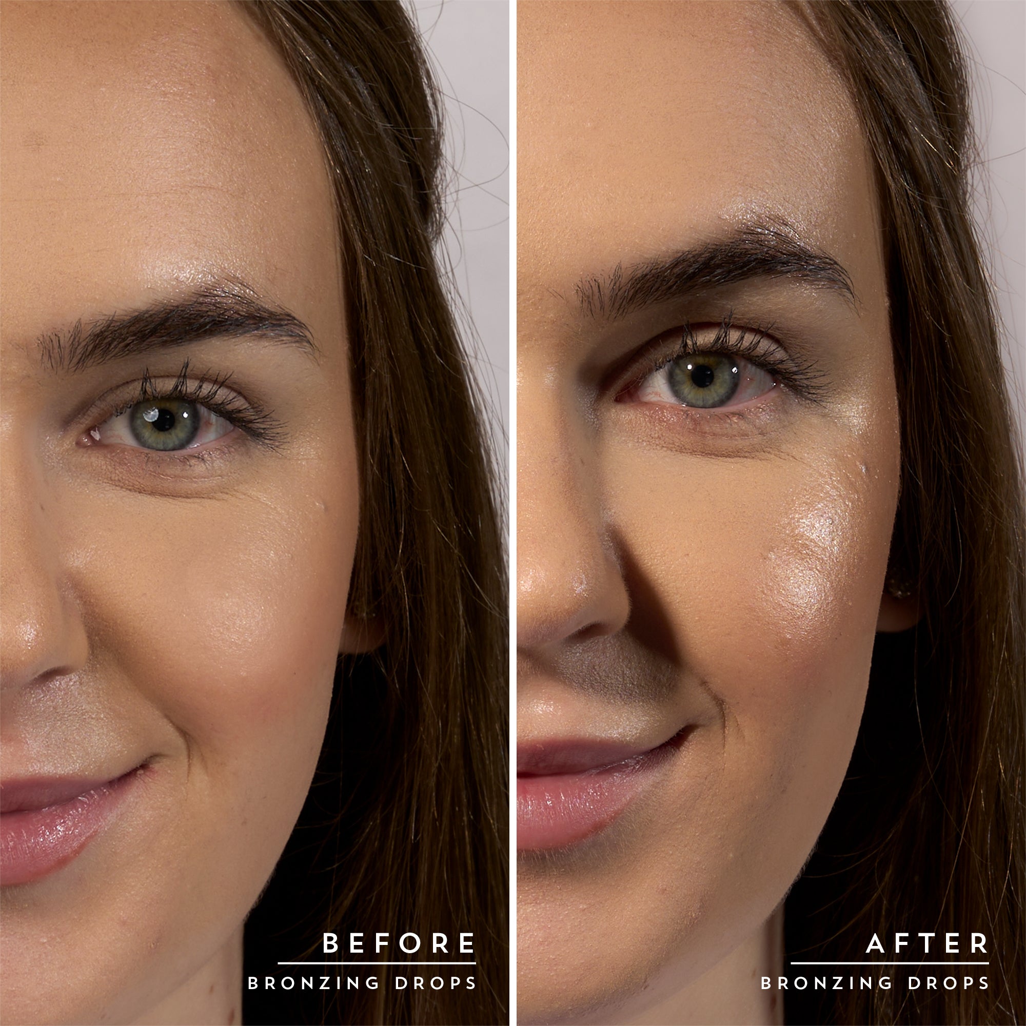 Before and after comparison of a woman's face with Indie Lee's Bronzing Drops applied.
