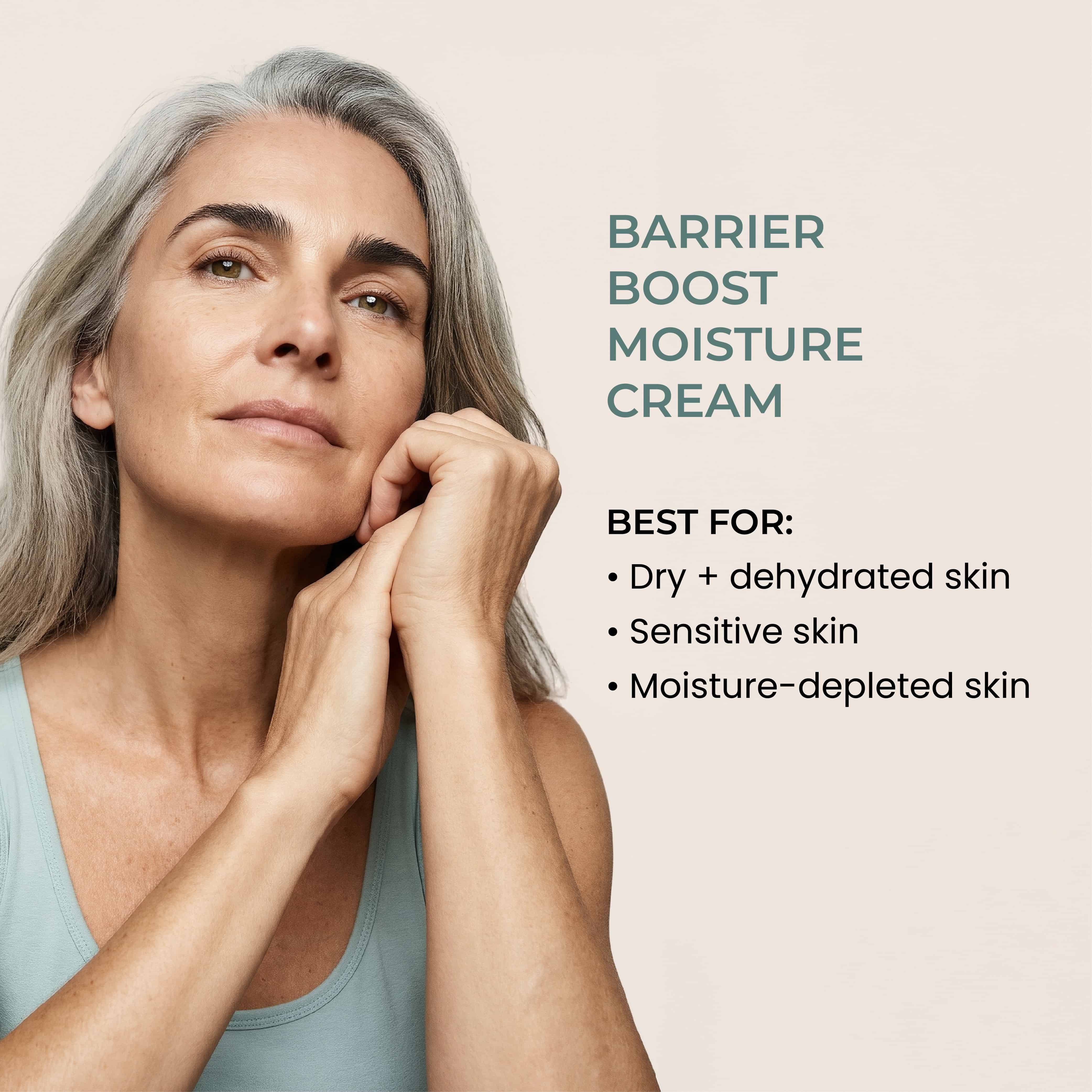 Woman on a neutral background with text about Indie Lee Barrier Boost Moisture Cream