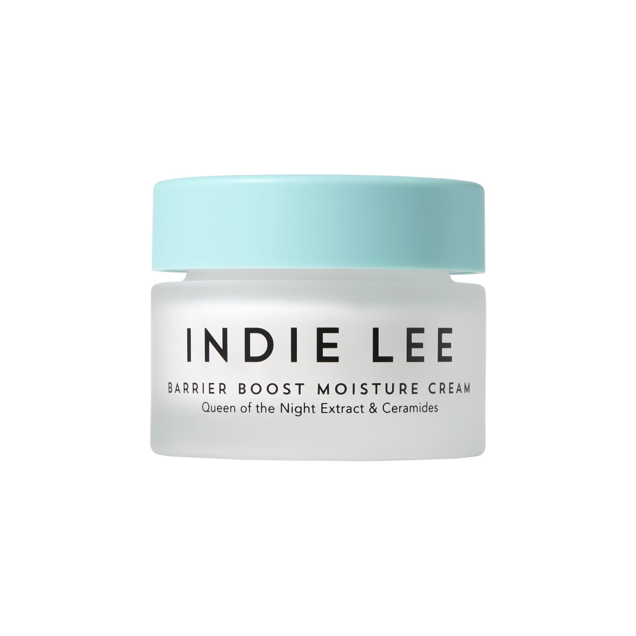 Indie Lee Barrier Boost Moisture Cream jar with light blue lid on a white background