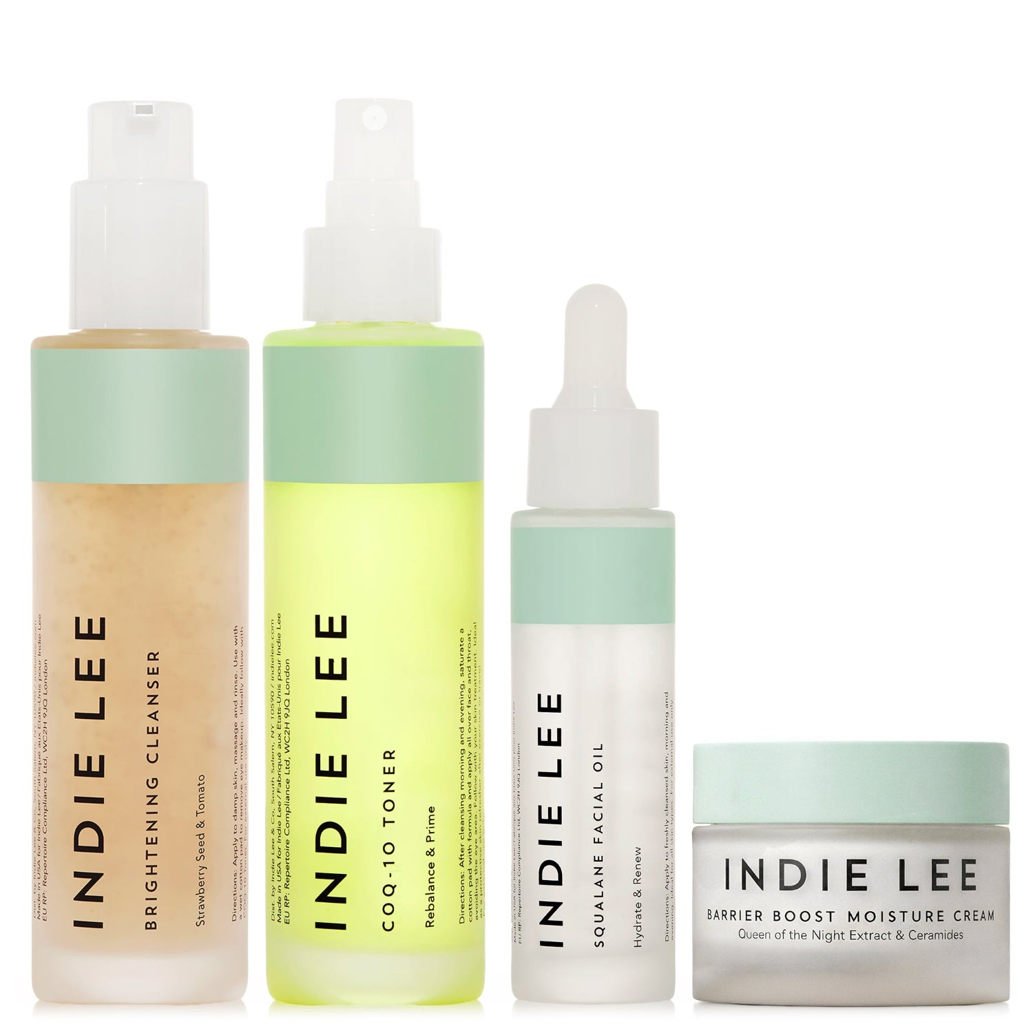 Indie Lee skincare products including cleanser, toner, facial oil, and cream on a white background