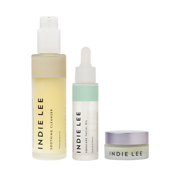 Three skincare products from Indie Lee on a white background
