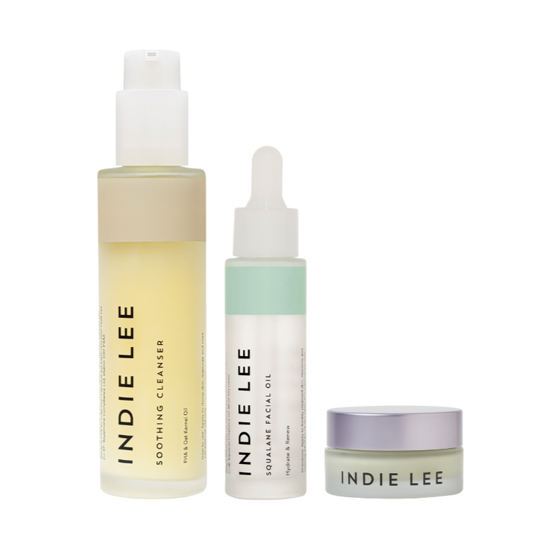 Three skincare products from Indie Lee on a white background