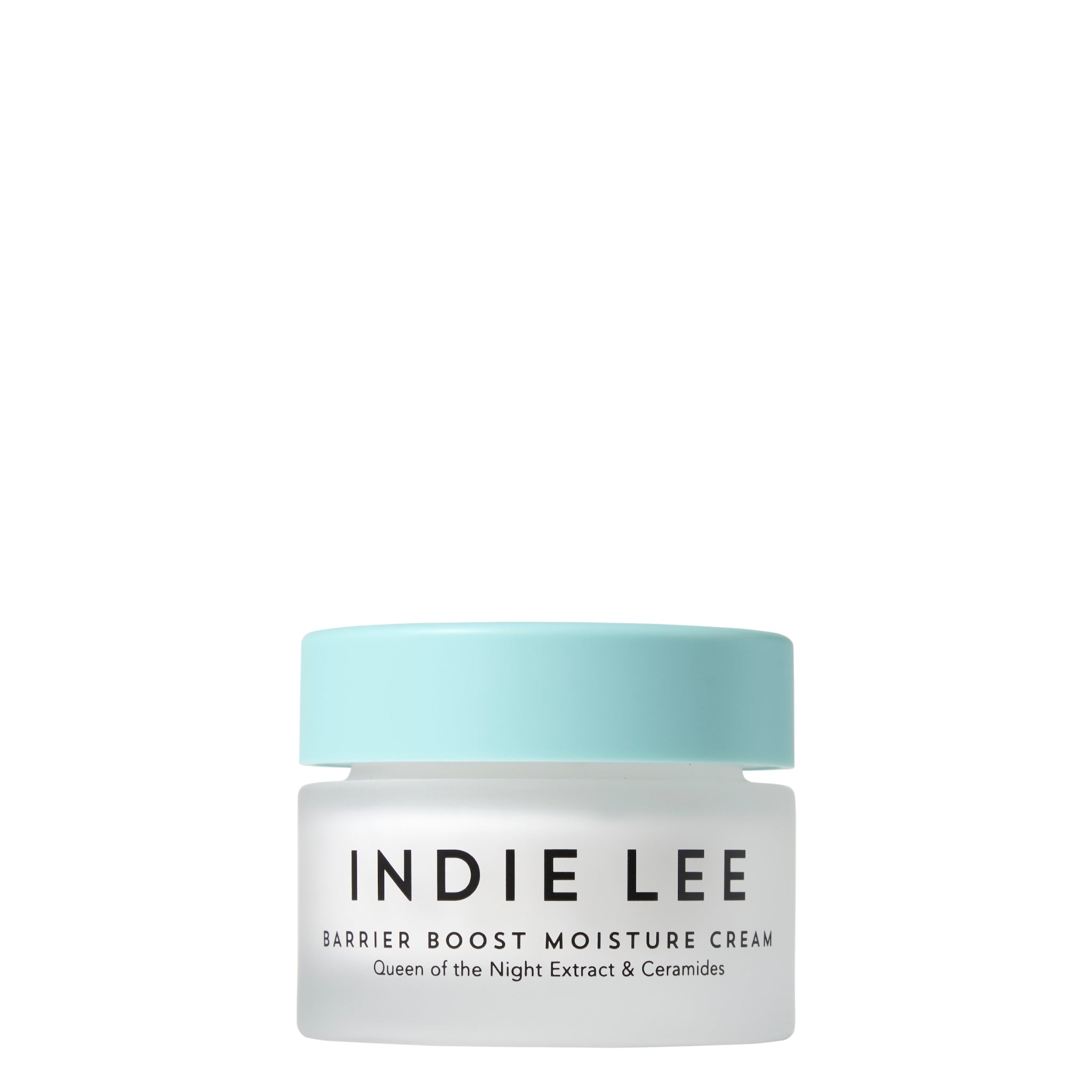 Indie Lee Barrier Boost Moisture Cream jar with light blue lid on a white background