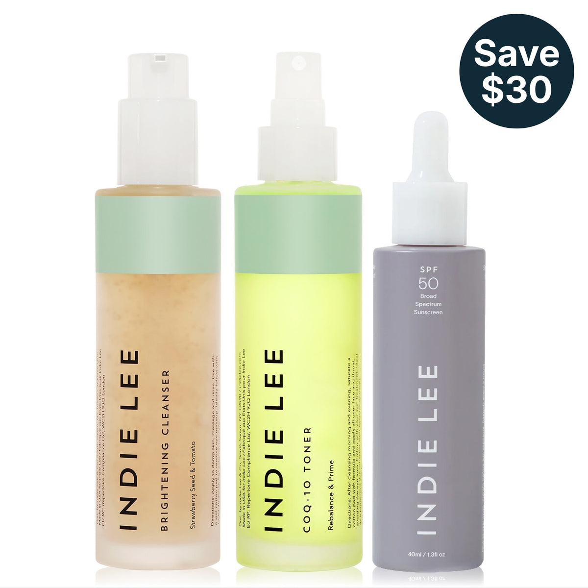 Indie Lee Morning Glow Routine showing cleanser, toner and primer
