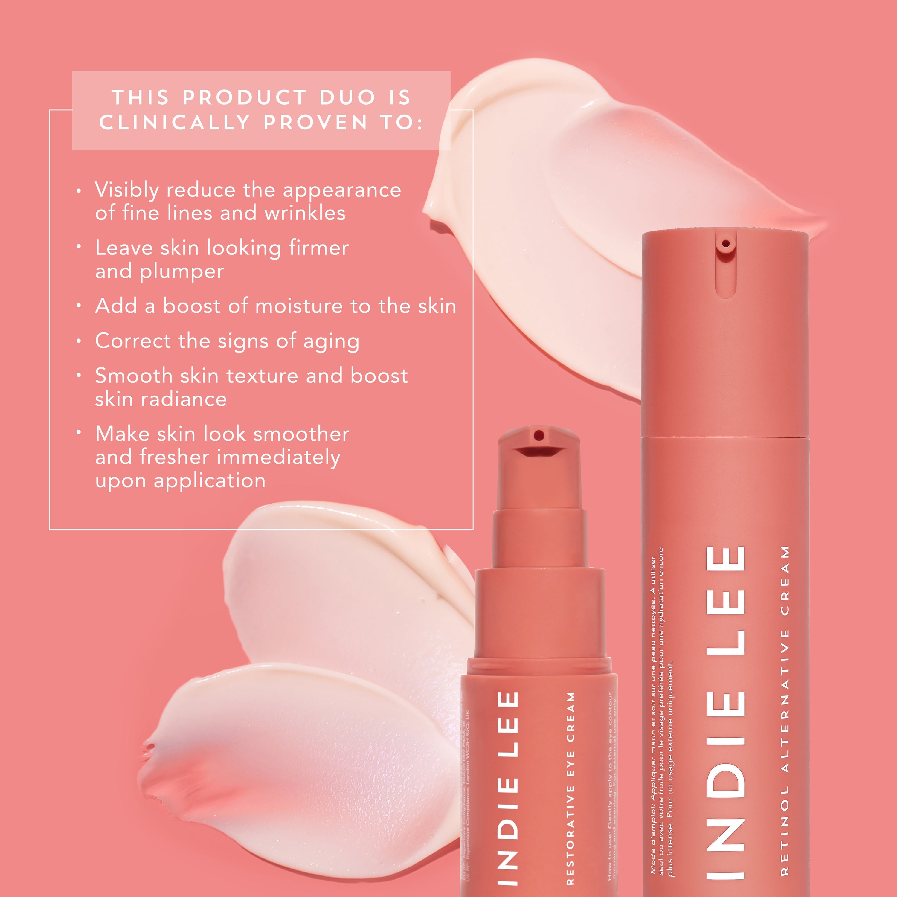 Indie Lee skincare product duo with pink background and product benefits.