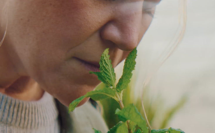 Closeup of Indie Lee smelling a fresh bunch of mint leaves