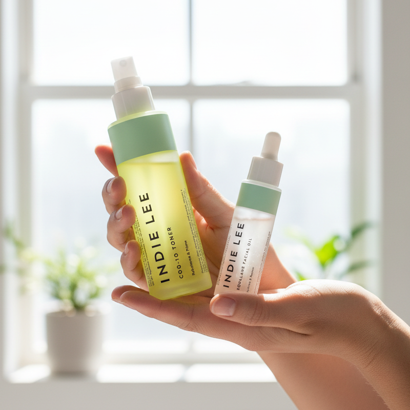 Hand holding two bottles of Indie Lee skincare products with a bright background