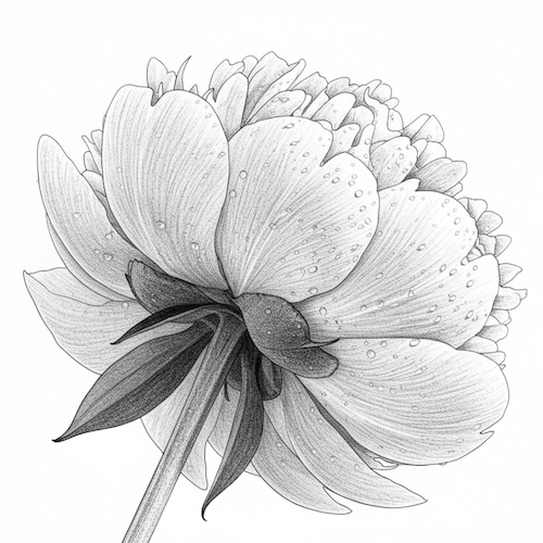 Detailed black and white drawing of a flower with water droplets on petals.